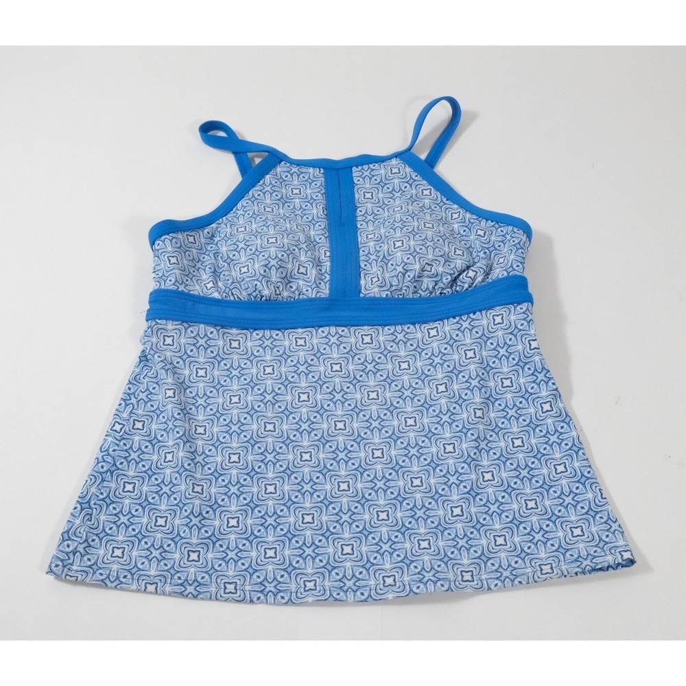 Lands End Tankini Swim Top Women 2P Blue Geometric Medallion High Neck Strappy